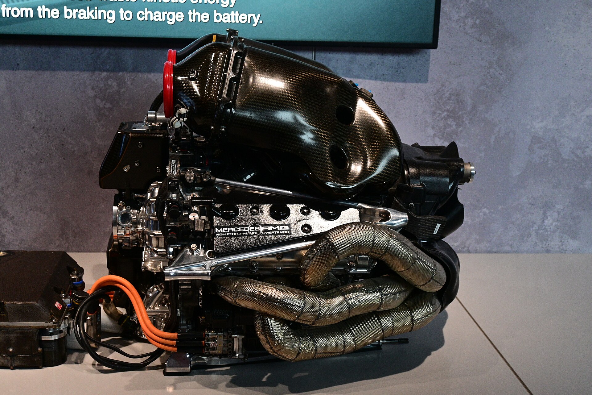 The engine element of the 2019 Mercedes-AMG F1 M10 EQ Power+ power unit at the Formula 1 Exhibition in London.