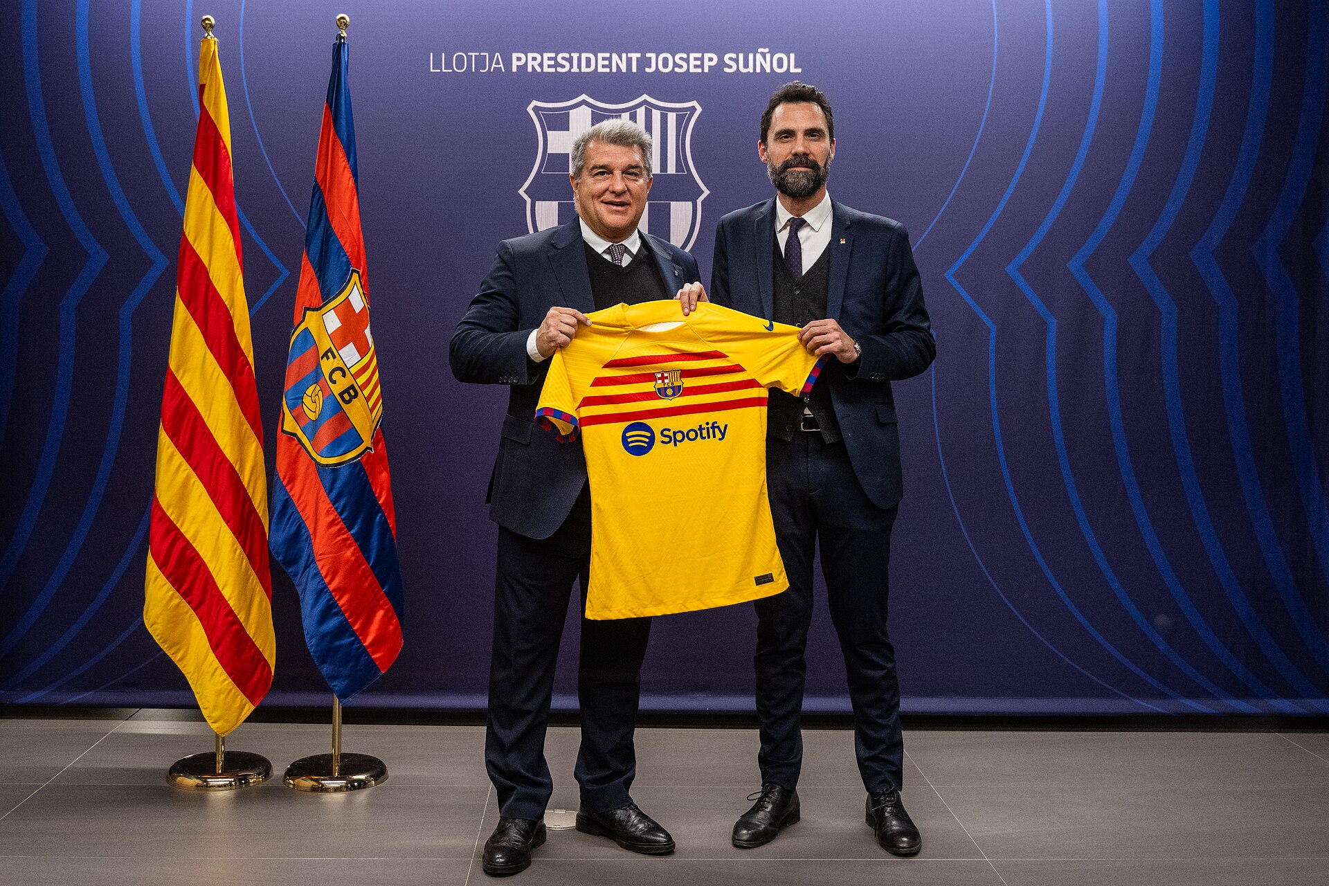 Joan Laporta, president del Futbol Club Barcelona, junt amb Roger Torrent, conseller d'Empresa i Treball.
