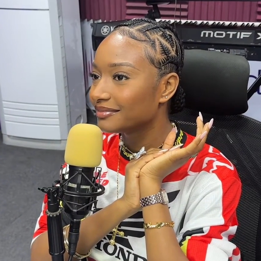 Nigerian singer-songwriter Ayra Starr during a radio interview at Ultima Studios in Lekki, Lagos where she spoke about her song "Commas". She is wearing a Honda–Supreme top.