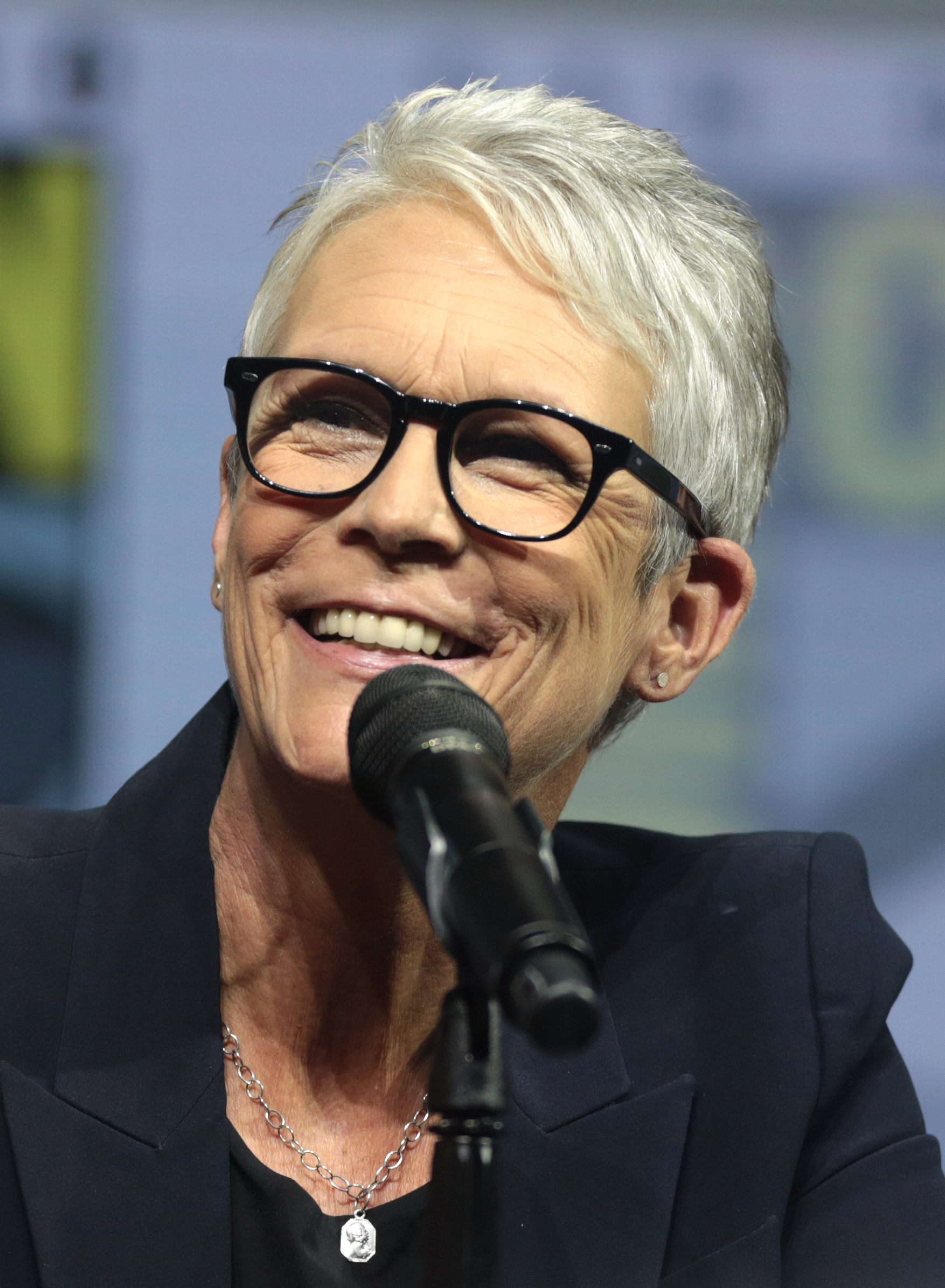 Jamie Lee Curtis speaking at the 2018 San Diego Comic Con International, for "Halloween", at the San Diego Convention Center in San Diego, California. Please attribute to Gage Skid