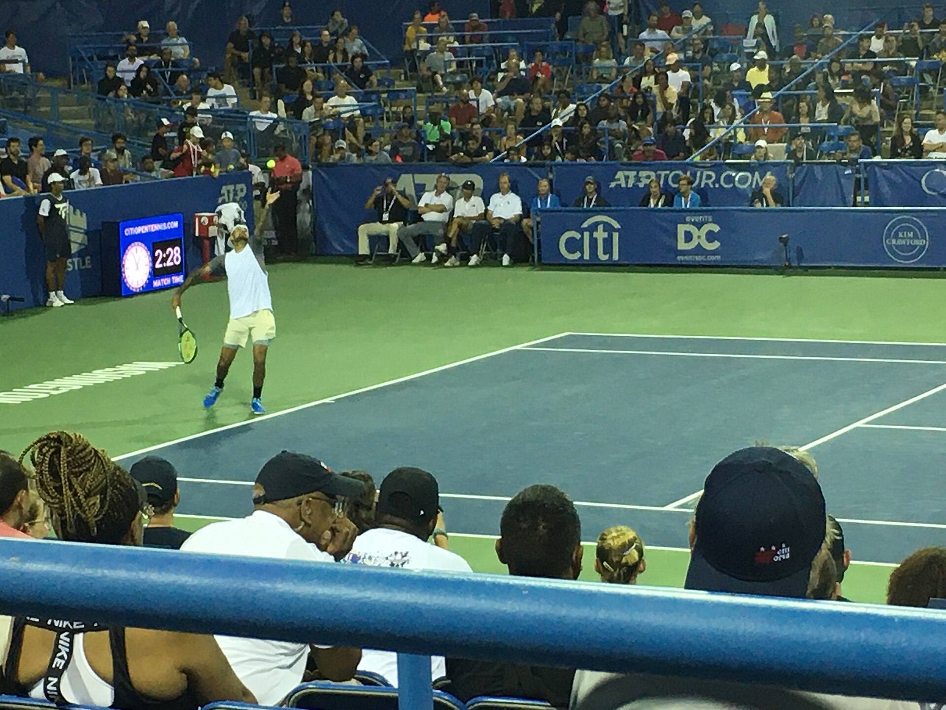Nick Kyrgios serving at the 2022 Citi Open versus Frances Tiafoe