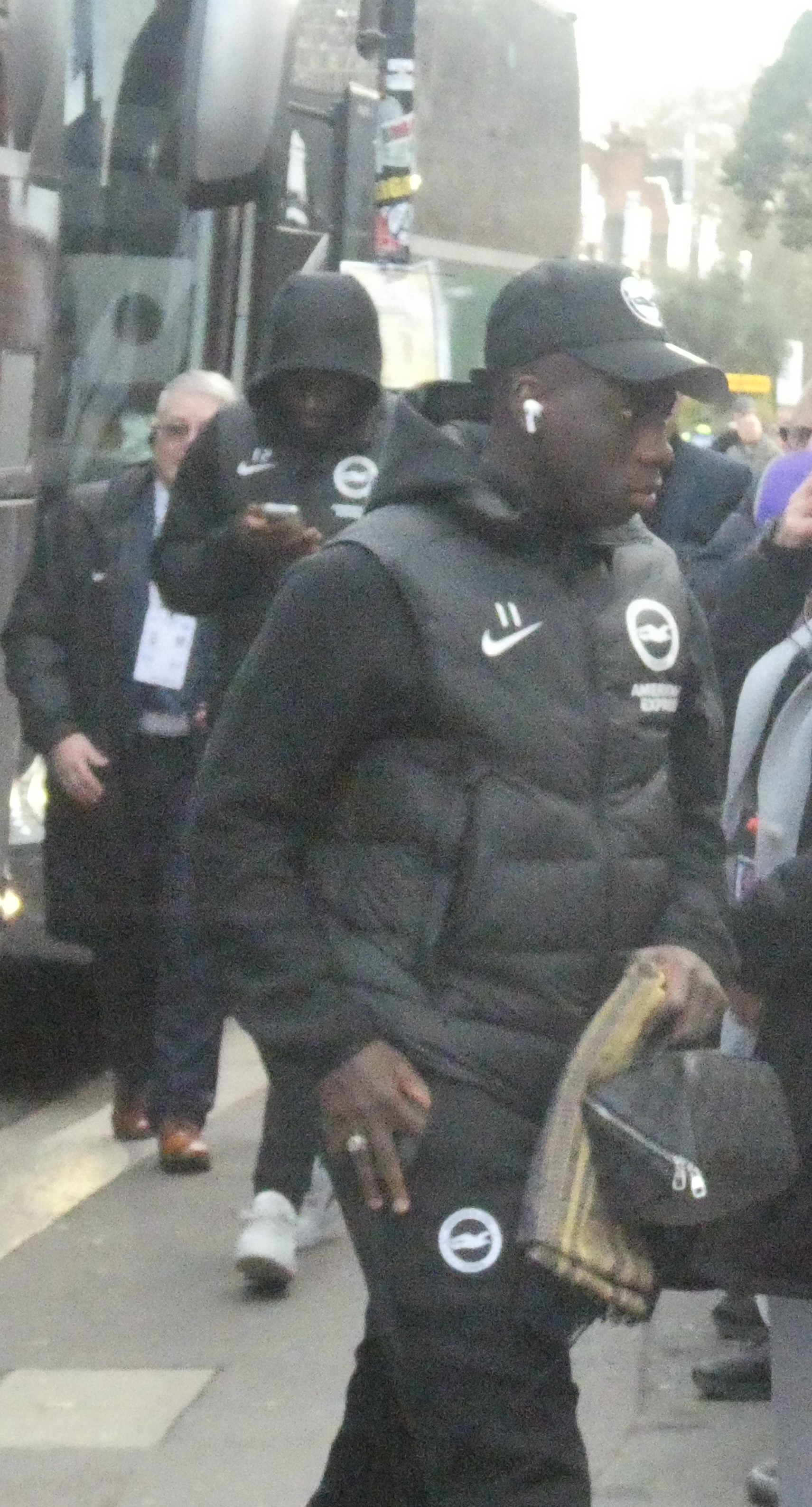Carlos Baleba and Yankuba Minteh arriving at Craven Cottage prior to the match between Fulham and Brighton and Hove Albion.