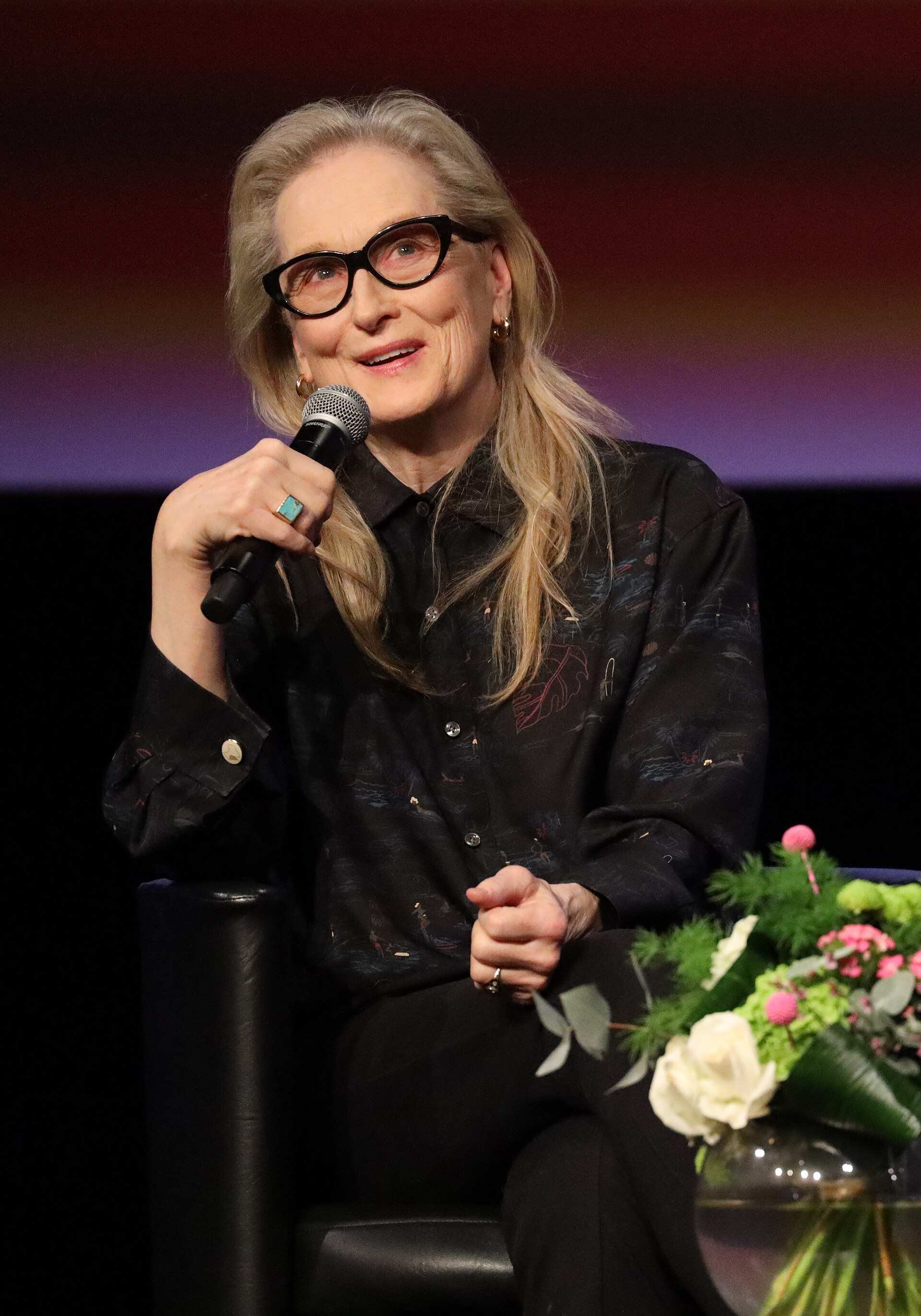 Meryl Streep at the 2024 Cannes Film Festival, being interviewed as part of the session "Rendez-vous avec Meryl Streep".