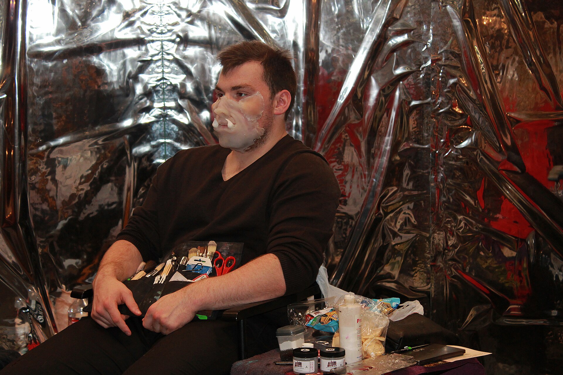 Some fella getting prosthetic make-up applied at New York ComicCon, 2017. To see my other cosplay pictures, click &lt;a href="https://www.flickr.com/photos/istolethetv/collections/