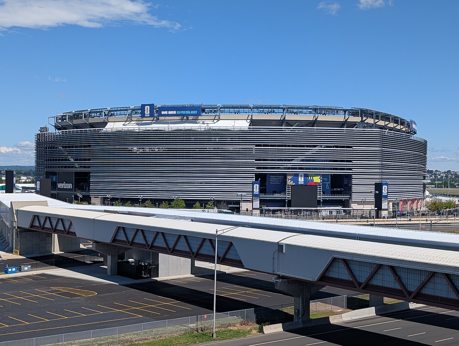 Exterior of MetLife Stadium in its 2026 FIFA World Cup configuration. Photographed from the third floor of Parking Deck A at American Dream.