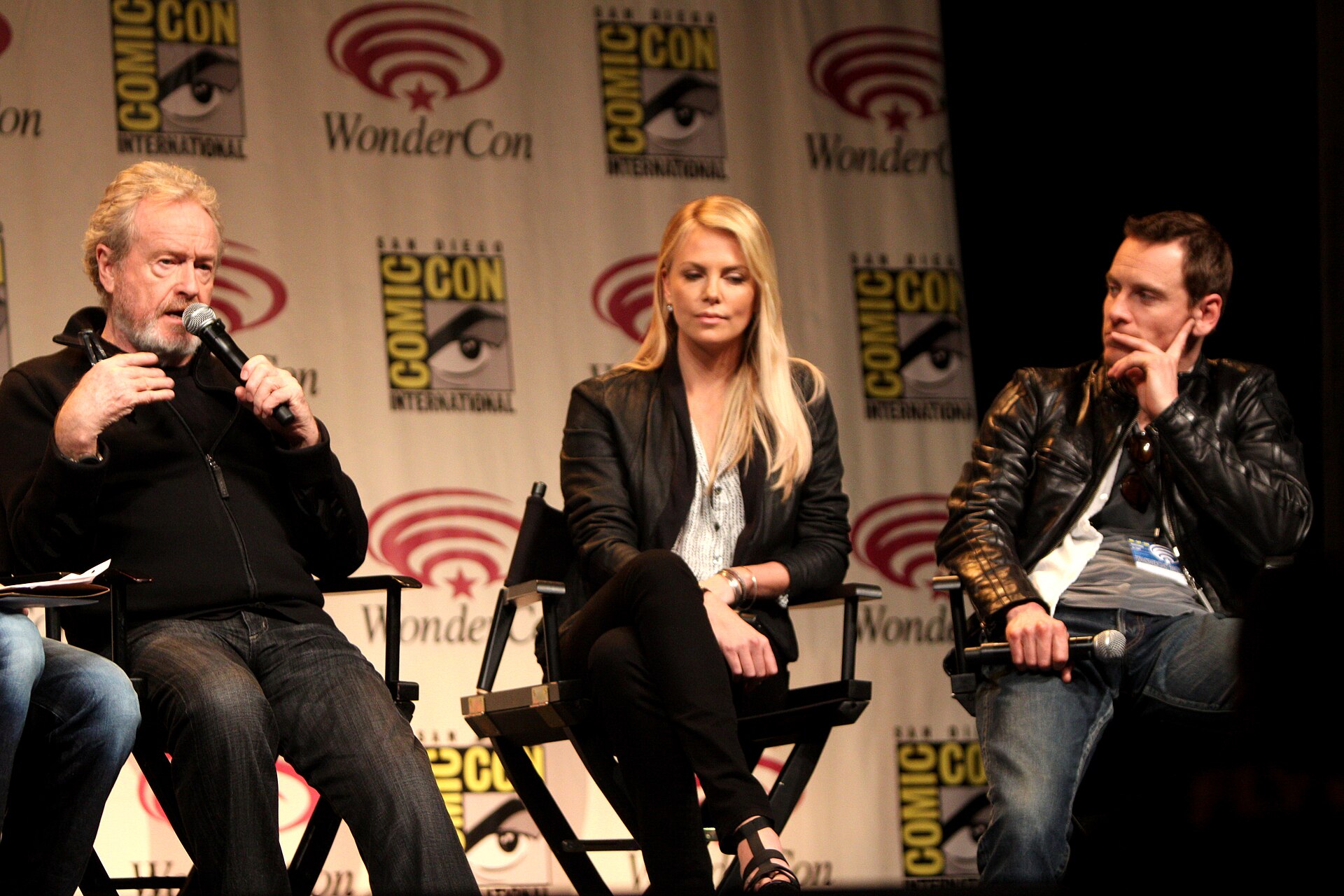 Ridley Scott, Charlize Theron and Michael Fassbender speaking at Wondercon 2012 in Anaheim, California on March 17, 2012.