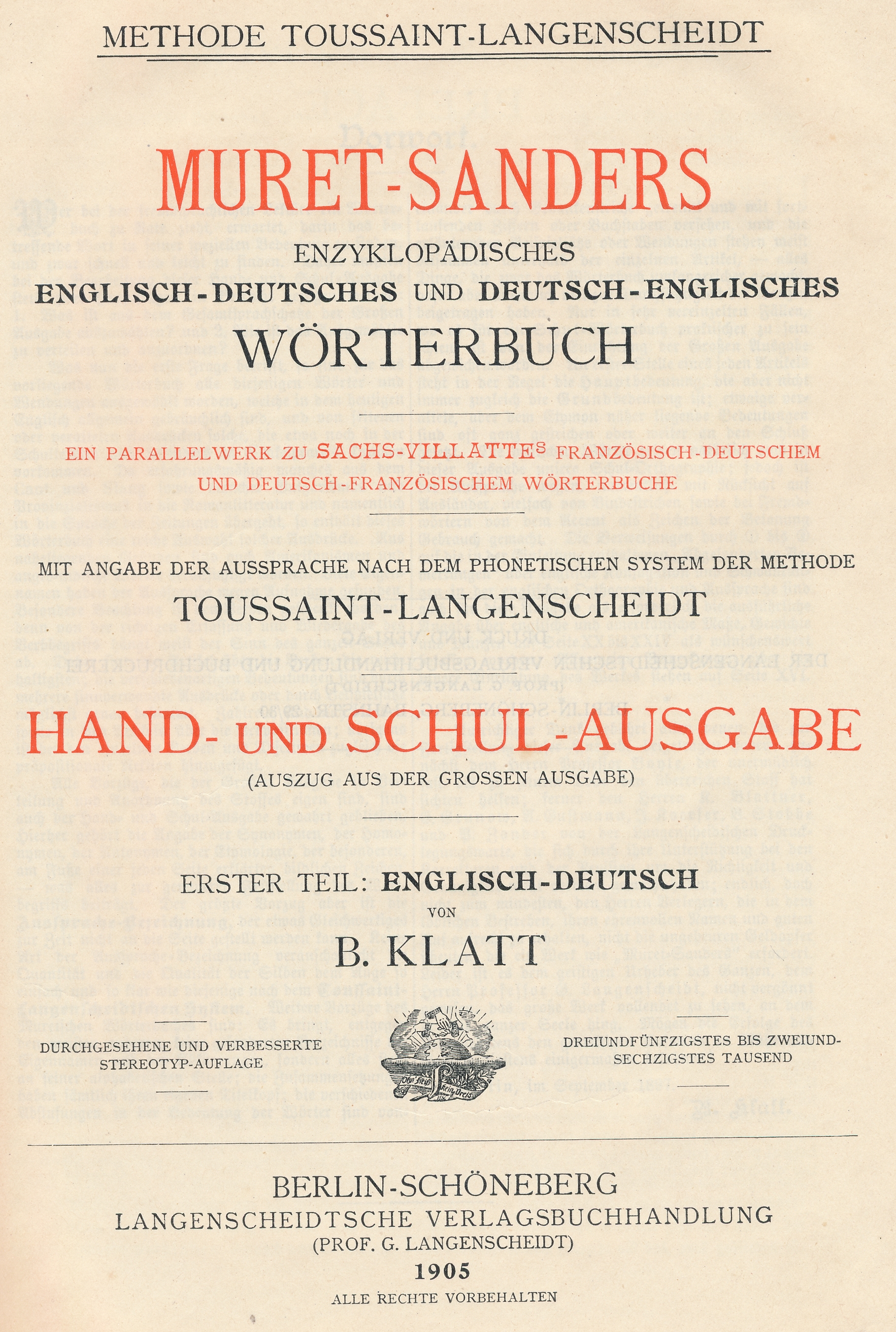 Titelseite des enzyklopädischen englisch-deutschen und deutsch-englischen Wörterbuchs Muret-Sanders, Hand- und Schul-Ausgabe von 1905