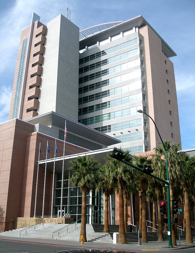 The Regional Justice Center in Downtown Las Vegas. Like many postmodern buildings, the RJC is not perfectly rectangular, which is why some of the lines in the photo appear strange.