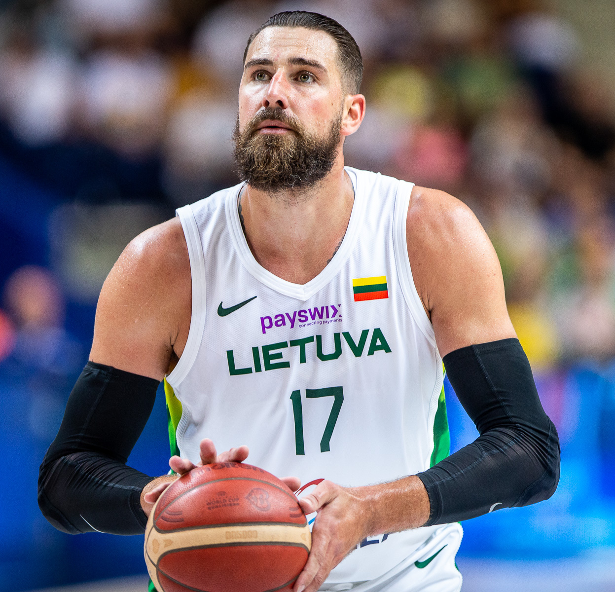 Basketball player Jonas Valančiūnas with uniform of the Lithuania men's national basketball team in 2022.