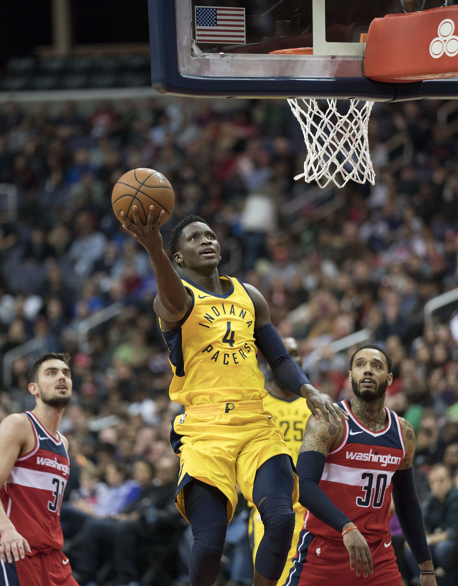Indiana Pacers Victor Oladipo scores in a game against the Washington Wizards on March 17, 2018 at the Capital One Arena in Washington, D.C.