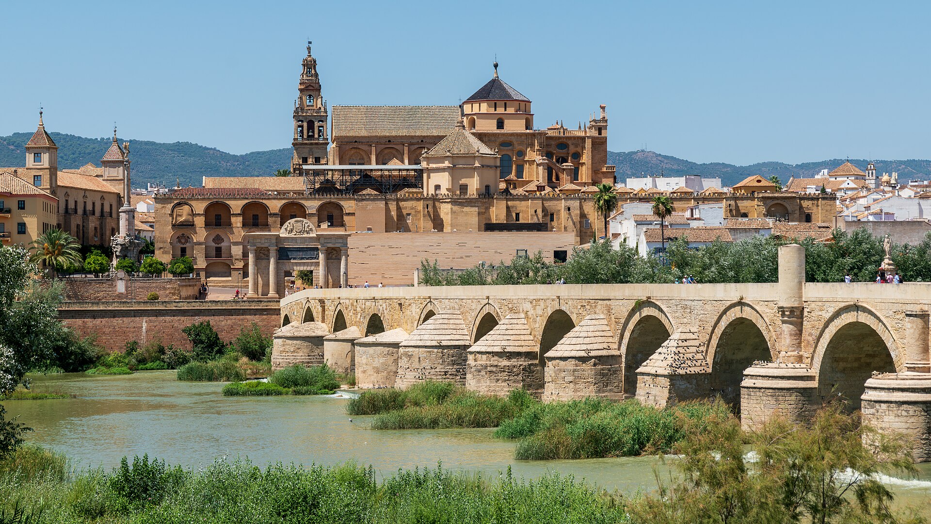 Views of the Historic centre of Córdoba from the Guadalquivir River, from where the Mosque-Cathedral and the Roman Bridge stand out, declared a World Heritage Site by UNESCO in 199